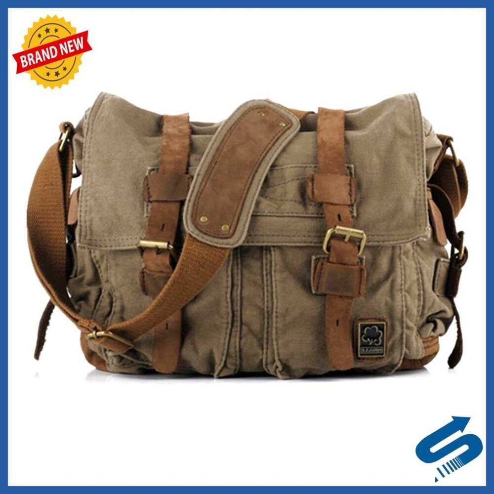 Vintage Military Leather Canvas Messenger Bag Retro Minimal Laptop Carry